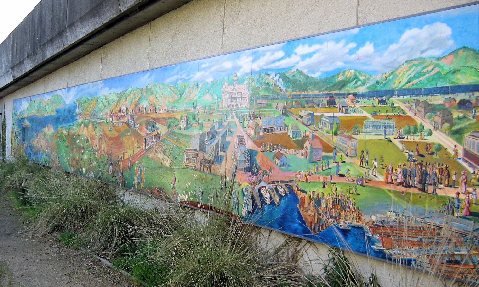 Photo of History of Berkeley as seen in a park mural along the BART tracks near Gilman St.